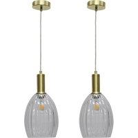 First Choice Lighting Set of 2 Birch - Clear Fluted Glass Satin Brass Deco Pendant Fittings
