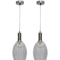 First Choice Lighting Set of 2 Birch - Clear Fluted Glass Satin Nickel Deco Pendant Fittings
