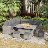 OUTSUNNY 7 Pieces Rattan Garden Furniture Set w/ 50, 000 BTU Fire Pit Table in Grey