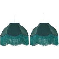 First Choice Lighting Set of 2 Fringe - Dark Green Velvet Fringed Pendant or Lamp Shades