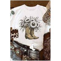 Everyday The Label Women's White Sunflower Cowgirl Boots Cotton Blend Graphic Tee | Size: Medium