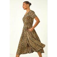Roman Women's Animal Print Shirred Midi Dress in Tan | Size: 18