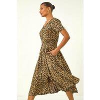 Roman Women's Animal Print Shirred Midi Dress in Tan | Size: 16