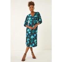 Roman Women's Floral Twist Front Midi Dress in Blue | Size: 20