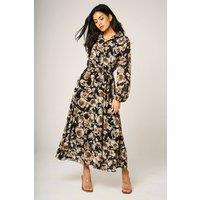 FS Collection Women's Brown Floral Print Long Sleeve Midi Shirt Dress in Brown in Black | Size: Small