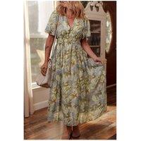 Everyday The Label Women's Multicolour Vintage Floral V Neck Short Puff Sleeve Long Dress | Size: Medium