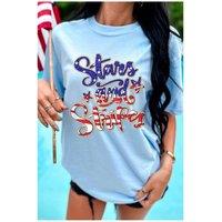 Everyday The Label Women's Light Blue Stars & Stripes Graphic July 4th Patriotic Tee | Size: 22