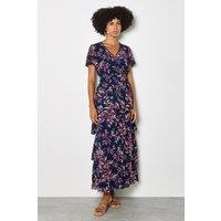 Apricot Women's Watercolour Leaves Chiffon Tiered Maxi Dress in Navy | Size: 8