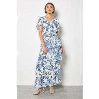Apricot Women's Watercolour Leaves Chiffon Tiered Maxi Dress in Blue | Size: 12