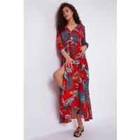 Roman Women's Tropical Print Belted Maxi Dress in Red | Size: 20