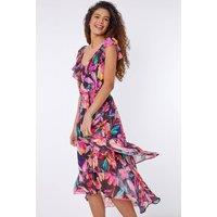 Roman Women's Floral Shirred Waist Chiffon Ruffle Midi Dress | Size: 12