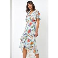 Roman Women's Floral Chiffon Frill Tiered Midi Wrap Dress in Dark Green | Size: 10