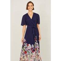 Yumi Women's Navy Mesh Wrap Midi Dress With Floral Hem Border | Size: 20