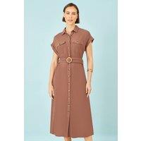 Yumi Women's Brown Viscose Linen Look Midi Shirt Dress With Wooden Belt | Size: 18