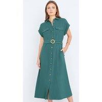 Yumi Women's Green Viscose Linen Look Midi Shirt Dress With Wooden Belt | Size: 10