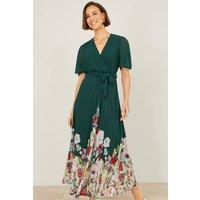 Yumi Women's Green Mesh Wrap Midi Dress With Floral Hem Border | Size: 22