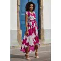 Yumi Women's Pink Blossom Print Wrap Midi Dress With Dipped Hem | Size: 16