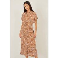 Yumi Women's Brown Abstract Swirl Print Relaxed Midi Shirt Dress With Belt | Size: 12