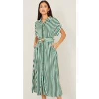 Yumi Women's Green Stripe Print Relaxed Midi Shirt Dress With Belt | Size: 16