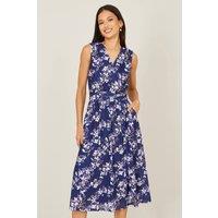 Yumi Women's Navy Blossom Print Mesh Stretch Midi Dress With Pockets | Size: 18