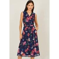 Yumi Women's Navy Blurred Floral Print Mesh Stretch Midi Dress With Pockets | Size: 20