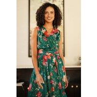 Yumi Women's Green Blurred Floral Print Mesh Stretch Midi Dress With Pockets | Size: 14