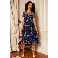 Yumi Women's Navy Embroidered Mesh Midi Dress | Size: 8