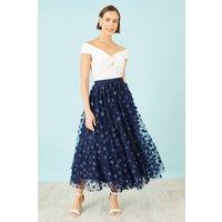 Yumi Women's Navy Mesh Floral Applique Midi Skirt | Size: 16