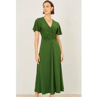 Yumi Women's Green Ruched Front Stretch Midi Dress | Size: 14