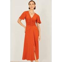 Yumi Women's Orange Ruched Front Stretch Midi Dress | Size: 16