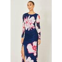 Yumi Women's Navy Floral Placement Floral Long Sleeve Mesh Maxi Dress | Size: 8
