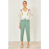 Yumi Women's Green Stretch Capri Pants With Tie Belt | Size: 16