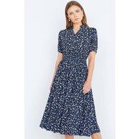 Yumi Women's Navy Ditsy Floral Midi Shirt Dress With Ruched Waist | Size: 16
