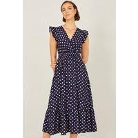 Yumi Women's Navy Spot Ruched Waist Midi Dress | Size: 10