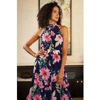Yumi Women's Navy Floral Halter Neck Midi Dress With Matching Belt | Size: 8