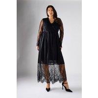 Shnoo Women's Black Lace Wrap Midi Dress | Size: 18