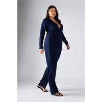 Shnoo Women's Long Sleeve Wrap Wide Leg Jumpsuit in Navy | Size: 26