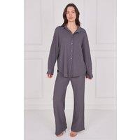 ELAINA FASHION Women's Textured Shirt & Wide-Leg Trouser Co-Ord Set in Grey