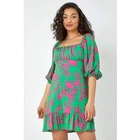 Dusk Women's Floral Tie Back Frill Hem Dress in Green | Size: 10