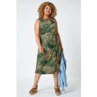 Roman Women's Curve Leaf Print Tie Detail Dress in Khaki | Size: 30-32