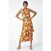 Roman Women's Tropical Floral Halterneck Tiered Dress in Orange | Size: 18