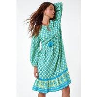Roman Women's Petite Border Print Tassel Smock Dress in Turquoise | Size: 14