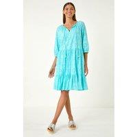 Roman Women's Cotton Broderie Tiered Smock Dress in Aqua | Size: 18