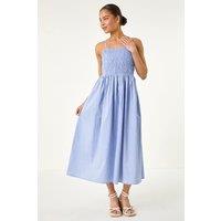 Roman Women's Petite Stripe Strappy Shirred Dress in Blue | Size: 16