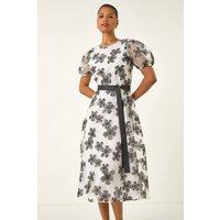 Roman Women's Floral Organza Belted Dress in White | Size: 10