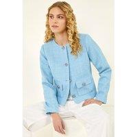 Roman Women's Collarless Buttoned Boucle Jacket in Light Blue | Size: 16