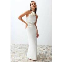 WOVCOR Women's Woven Maxi Elegant Evening Dress with Rose Detail in White | Size: 14