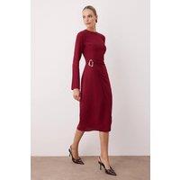 WOVCOR Women's Round Neck Long Sleeve A-Line Midi Woven Dress with Hardware Detail in Burgundy | Size: 6