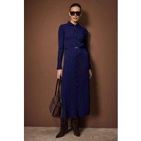 WOVCOR Women's Ribbed Knit Button Front Midi Dress with Belt Detail in Navy | Size: Small