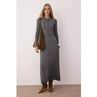 WOVCOR Women's Ribbed Knit Button Front Midi Dress with Belt Detail in Dark Grey | Size: Small